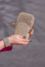 Rhinestone Decor Pearl-Embeded Golden Bag