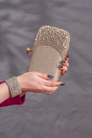Rhinestone Decor Pearl-Embeded Golden Bag
