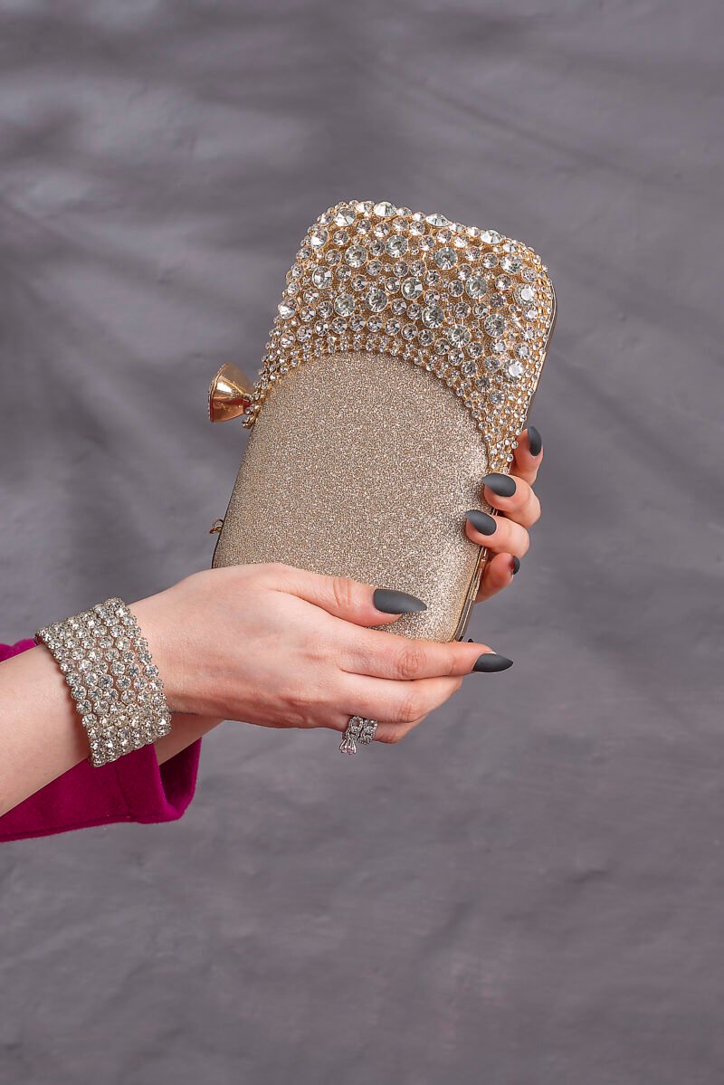 Rhinestone Decor Pearl-Embeded Golden Bag