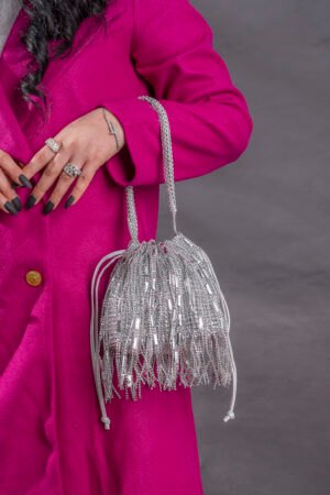 Rhinestone Decor Tasseled Silver Bag