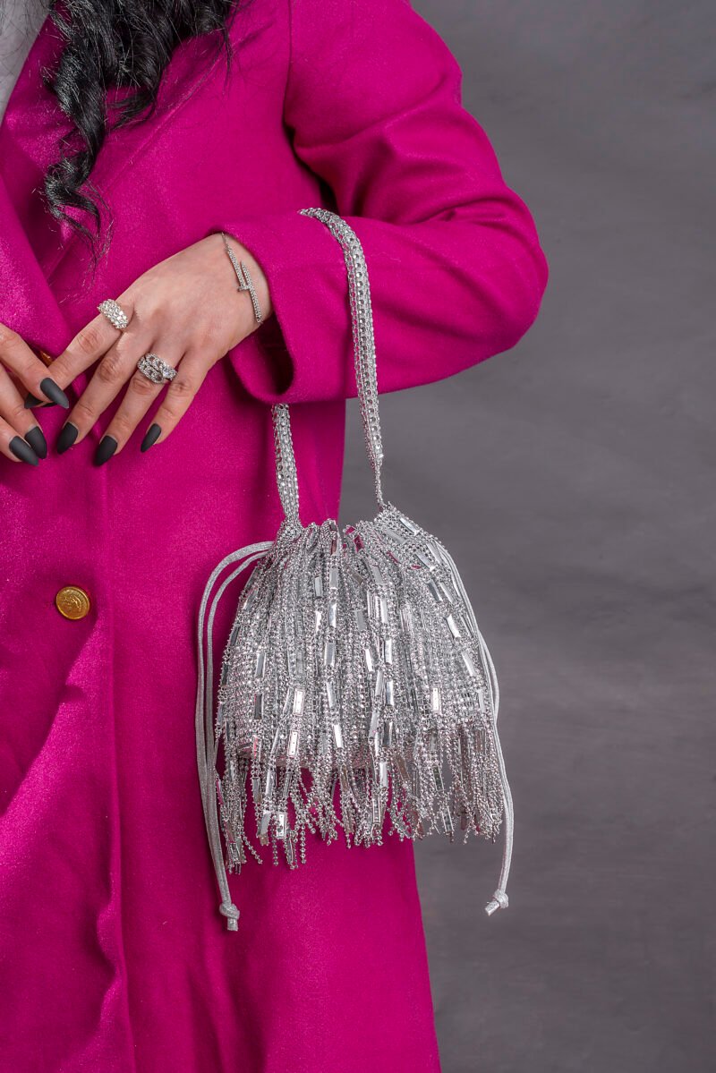 Rhinestone Decor Tasseled Silver Bag