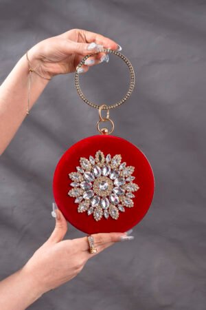 Velvet Ring Rhinestone Decor Red Clutch