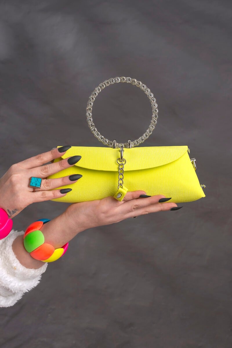 Flouroscent Parrot Green Circular Rhinestone-Embellished Top Handle Bag