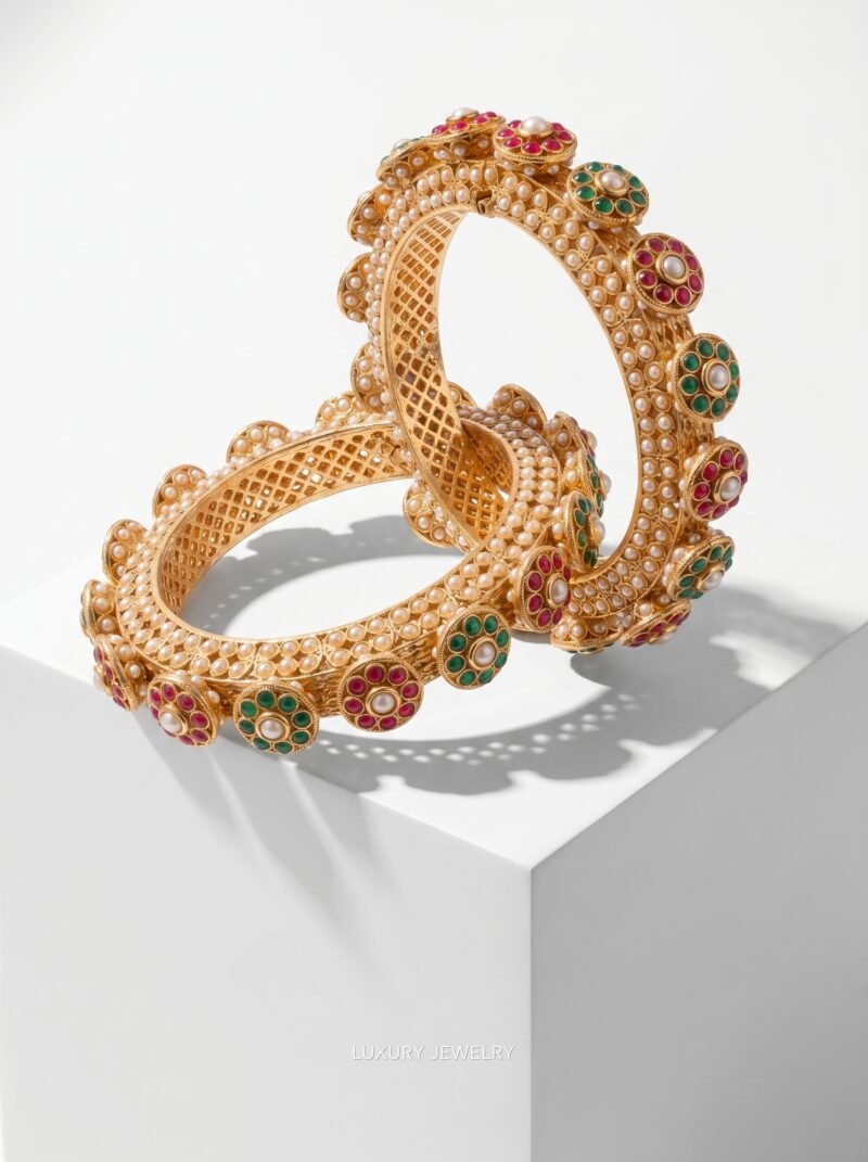 Traditional Gold Pearl & Stone Embellished Kadas