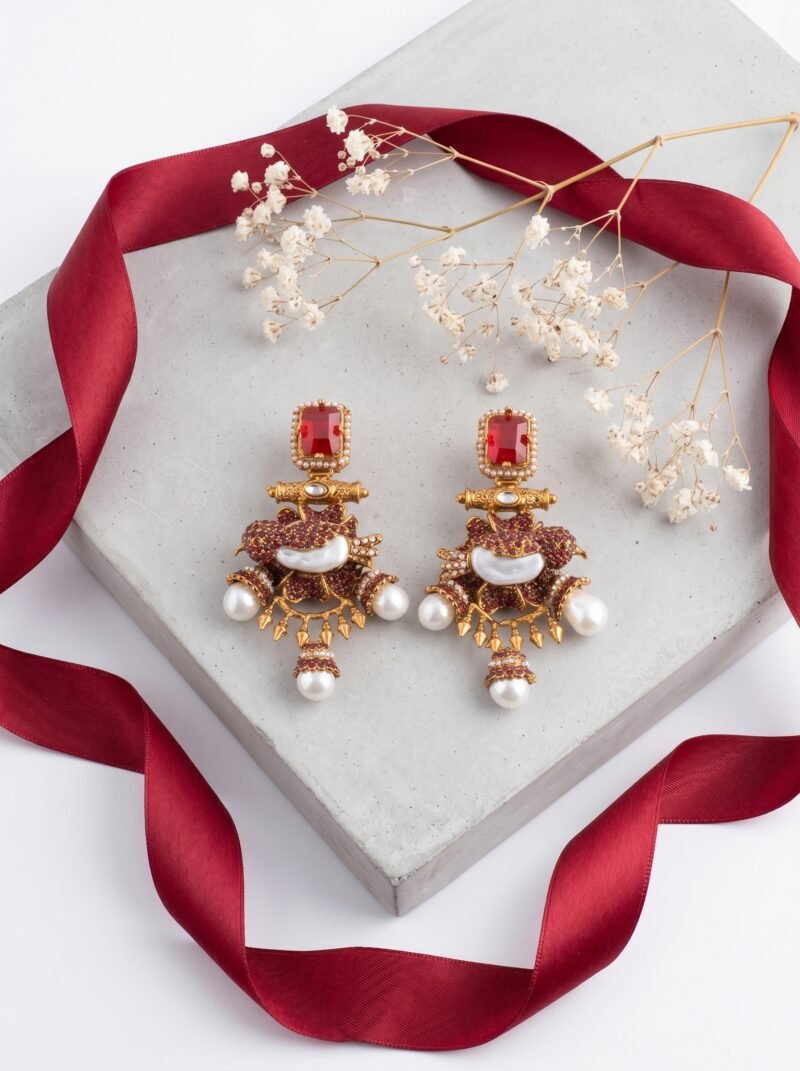 Royal Crimson Pearl Drop Earrings