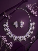 SAMAYNEC2026190 Luxury Crystal Floral Necklace Set with Matching Earrings – Silver Finish