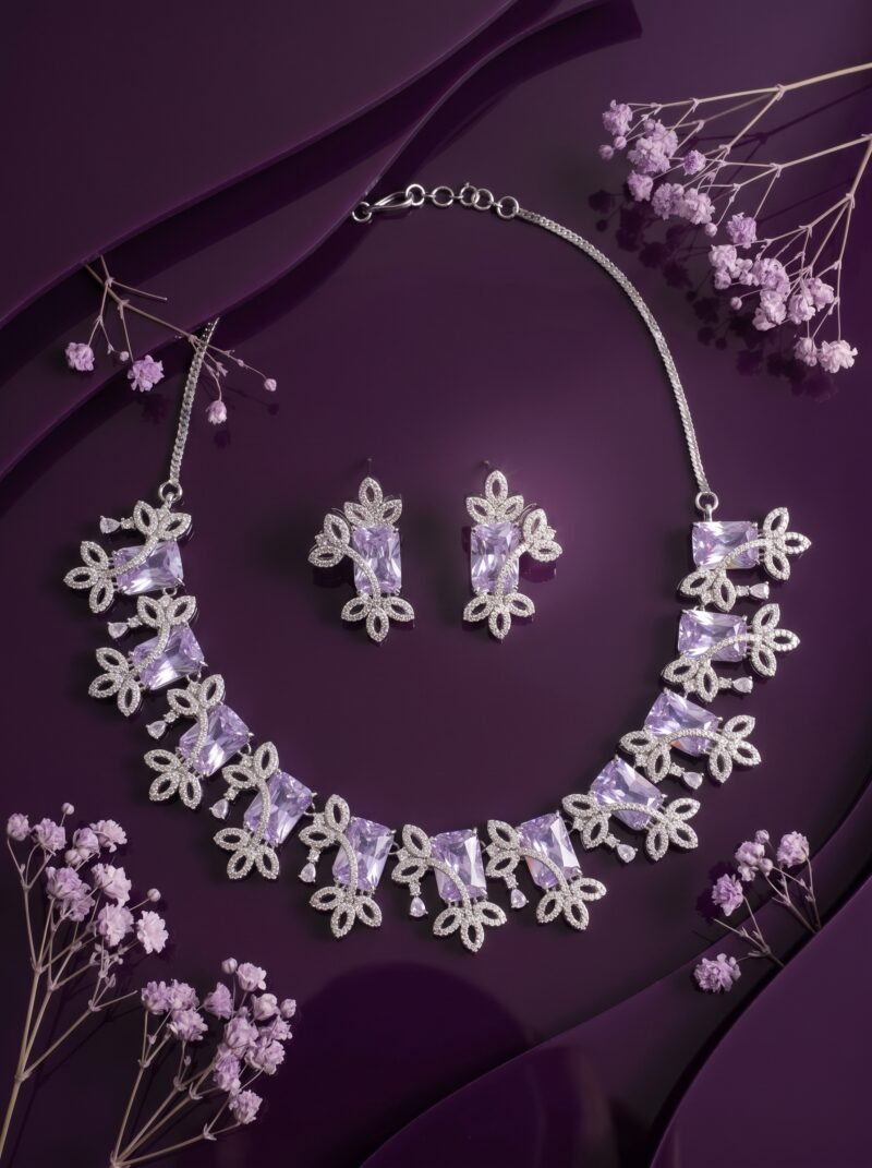 SAMAYNEC2026190 Luxury Crystal Floral Necklace Set with Matching Earrings – Silver Finish