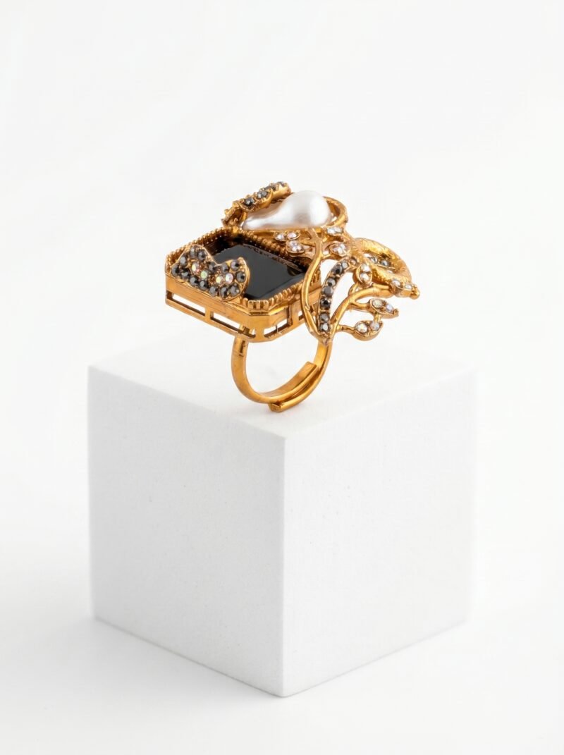 SAMAYRNG2026161 Turkish Style Black Stone & Pearl Statement Ring
